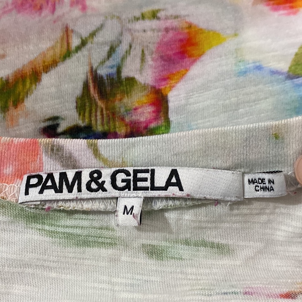 Pam & Gela Short Sleeve Side Shirred Mini Dress Multi floral print slub cotton M - Picture 10 of 12